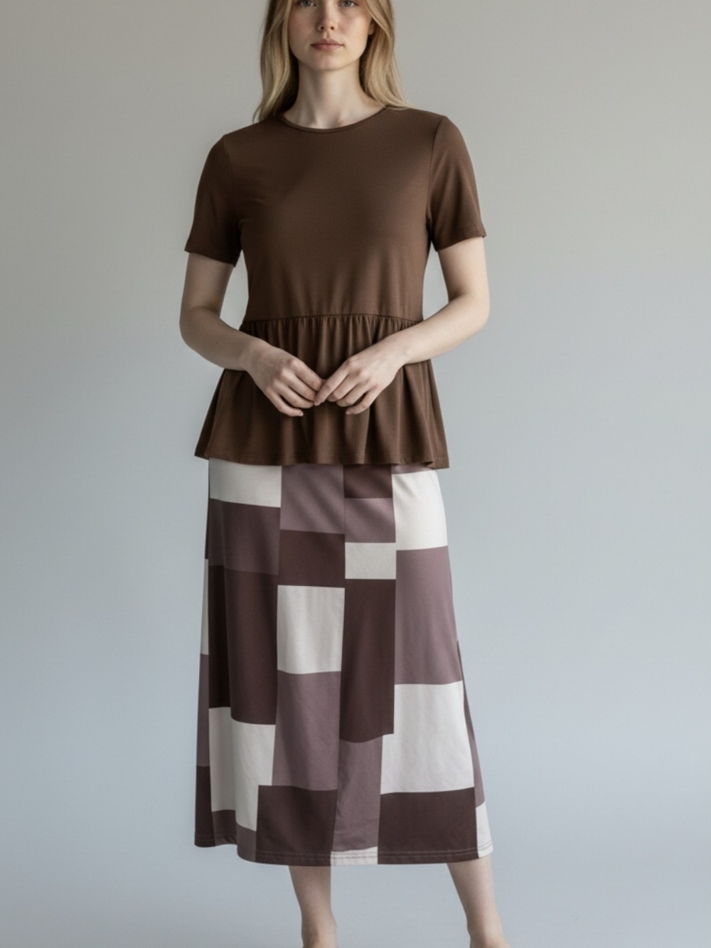 SHEIN Brown & Cream Geometric Midi Skirt Set